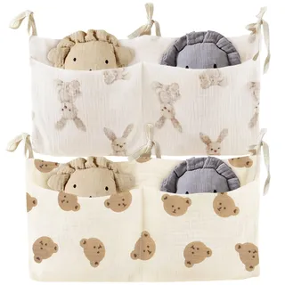 ZOCONE 2 Stück Babybett Organizer Hängend, 2-in-1 Baby Kinderzimmer Organizer Aufhängen Babybett Verstellbarer Hängeorganizer Babybetttasche für Windeln Kleidung Spielzeug (Bär und Hase)