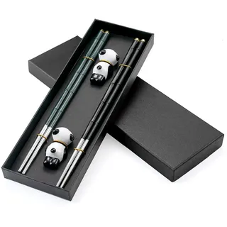 Hongyantech Glasfaser Edelstahl EssstäBchen 2 Paars mit 2 Panda Keramik Essstäbchen Auflagen,Sushi Stäbchen Chopsticks Wiederverwendbare EssstäBchen Waschbar FüR GeschirrspüLerc mit Geschenkbox