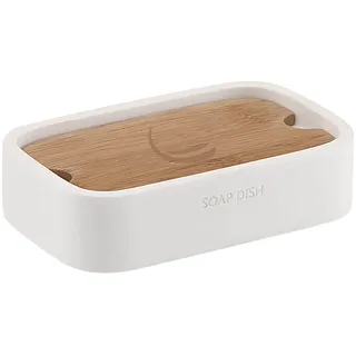 Gedy Melbourne Seifenschale, Maße und Gewicht: 3 x 12,8 x 8,2 cm & 0,25 kg, Seifenschale aus Harz und Bambus, Finish in Weiß und Bambus, Design R & E, 2 Jahre Garantie