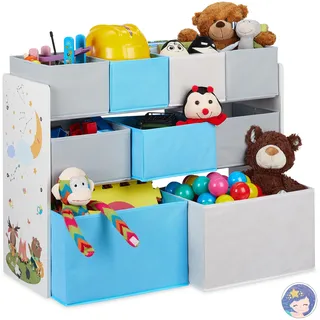 Relaxdays Kinderregal mit 9 Stoffboxen, Lagerfeuer Kindermotiv, Spielzeugregal Organizer HBT 66 x 82,5 x 29,5 cm, bunt