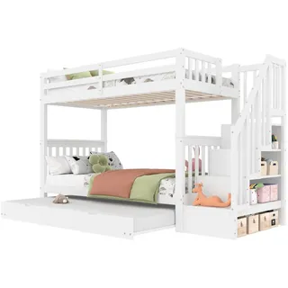 Modfu Etagenbett aus Kiefernholz und MDF 90x200 cm Weiß mit Treppenregal, ausziehbarem Rollbett und hohem Geländer , Holzwerkstoff , 90x200 cm , Babymöbel & Kindermöbel, Kinderzimmer & Jugendzimmer, Stockbetten
