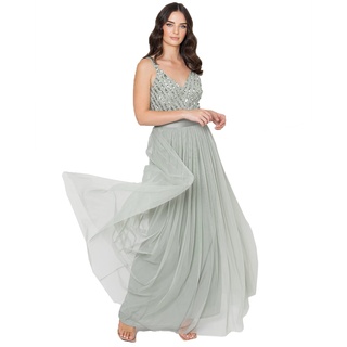 Maya Deluxe Damen Maxi Abendkleid Elegant Für Hochzeit Mit V-ausschnitt Tüllkleid Schleife Brautjungfernkleid, Green Lily, 46 EU