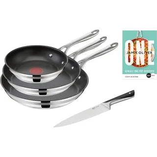 Tefal Pfannen-Set »Jamie Oliver Cook Smart«, Edelstahl 18/10, (Set, je 1 Pfanne 20/24/28 cm, 1 Kochmesser), stilvolle Edelstahl-Pfannen, inkl. Kochmesser, Rezeptbuch, grau