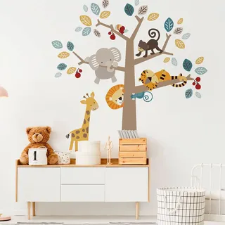 Wandsticker Kinder - Deko Babyzimmer - Wandtattoo Kinderzimmer - Dschungeltiere im Wald - H90 x L60 cm