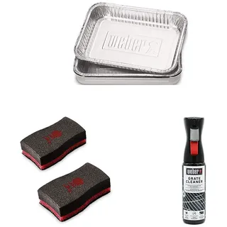 Weber 6415 Alu-Tropfschalen, 15x22cm, 10 Stück, Einwegschalen, Fettauffangschale + Reinigungsschwamm, 2 Stück + Grillrost-Reiniger, 300 ml, Nebelspray, löst Fett- und Speisereste