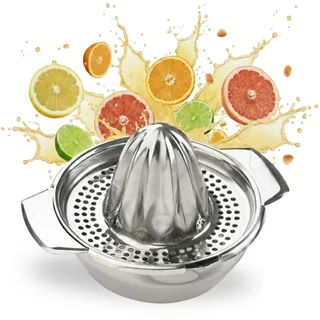 Chefkoch trifft Fackelmann Zitronenpresse aus Edelstahl (425ml) – 2-teilige Zitruspresse, Saftpresse für Zitronen, Limetten & Co., mit Ausgießer für sauberes Dosieren, spülmaschinengeeignet