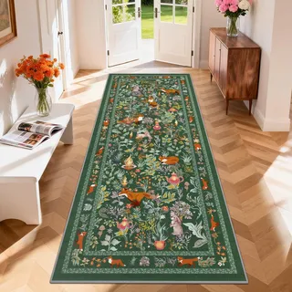 GEANUP Teppich Läufer Flur 80x200 cm, Grün Küchenläufer Waschbar rutschfest, Weicher Schlafzimmer Teppich Läufer, Märchenstil Fuchs Flurläufer für Korridor Waschküche Wohnzimmer Kinderzimmer