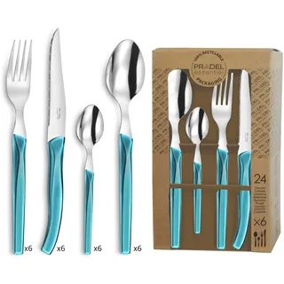 Lou Laguiole RISING SUN Besteck Set 6 Personen | 24-teilig | Türkis glänzend | Essbesteck 6 Personen spülmaschinenfest | 18/0 Edelstahl mit Mikroverzahnung | 6x Messer, Gabel, Löffel & Kaffeelöffel