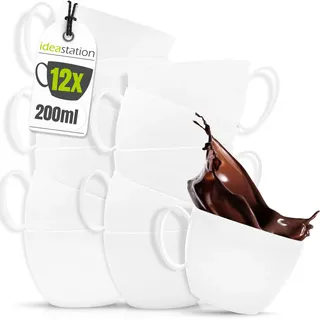 idea-station Plastik Kaffeebecher mit Henkel - 12 Stück - 200 ml - weiß | BPA-frei + Bruchsicher + Mehrweg - kleine Kaffeetassen aus Kunststoff - wiederverwendbares Tassen Set fürs Büro oder Camping