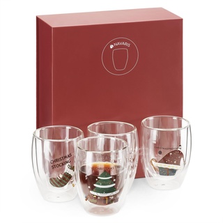 Navaris 4X doppelwandige Gläser 350ml - Thermogläser für Cappuccino Latte Macchiato Tee Wasser Cocktails - 4er Set Kaffeegläser Borosilikatglas - Weihnachtsmotive