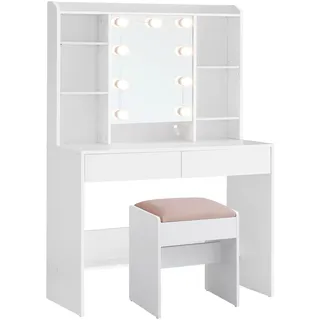 VASAGLE Schminktisch mit Beleuchtung, einstellbare Helligkeit, Hocker, Frisiertisch mit Spiegel, Kosmetiktisch mit verstellbaren Ablagen, 2 Schubladen, modern, wolkenweiß und pastellrosa RDT726W01