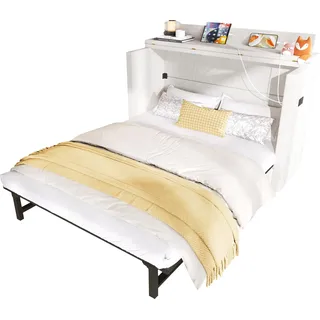 Schrankbett mit Mehrfachsteckdose und Schubladen, 140x200cm, Wandklappbett, horizontal klappbar, platzsparend, Leinen - Beige