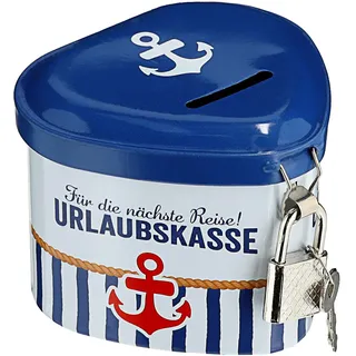 Spardose Urlaubskasse in Herzform Sparschwein Sparbüchse Maritim mit Schloß Sparen Geldbox Kasse (1 x Spardose Urlaubskasse)