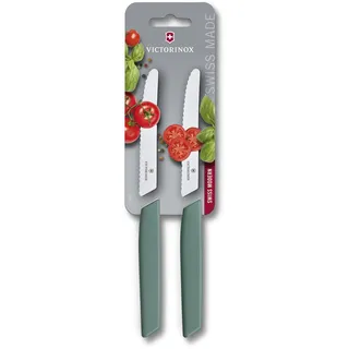 Victorinox Swiss Modern, Tomaten & Tafelmesser, Gemüsemesser-Set, 2-teilig,11cm, Extra Scharfer Wellenschliff, Spülmaschinenfest, Sage