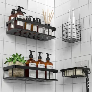 UUlioyer Duschablage Ohne Bohren, Wasserdichter und Rostfreier Duschregal, 4 Stück Badezimmer Regal Organizer, Shampoo Duschgel Halterung für Dusche, Schwarz (Mit Seifenhalter und Zahnbürstenhalter)