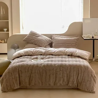 AShanlan Plüsch Bettwäsche 220x240 Braun Winter Warme Flauschig Cashmere Touch Bettbezug Teddy Fleece Winterbettwäsche Set mit Reißverschluss und 2 x Kissenbezug 80x80 cm