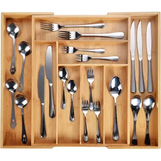 Harcas Besteckkasten fur Schubladen aus Bambus. Schubladeneinsatz mit 6-8 Fächern. Großer, Ausziehbarer Küchenorganizer