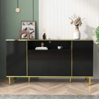 MODFU Kommode Sideboard Hochglänz mit 2 Schubladen und 4 Tür, Schrank Buffet mit LED-Erleuchtung für Wohnzimmer, Schlafzimmer, Kinderzimmer, Jugendzimmer und Büro, Schwarz - Schwarz