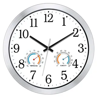 KIZLOC 40 cm Outdoor Uhr wasserfest mit Thermometer und Hygrometer, Weiß | Wetterfest, Leicht lesbar & Lautlos | mit silbernem Aluminiumrahmen | Quarz-Wanduhr für Garten, Terrasse, Balkon, Schwimmbad