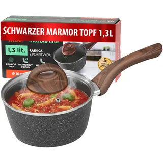MAGIC HOME Stielkasserolle 16 cm INDUKTION | Marmor Antihaft Kasserolle mit Deckel | Kleiner Topf | Saucepan für Alle Herdarten, Induktionsherd | Ergonomischer Griff in Holzoptik | Black Marble Line