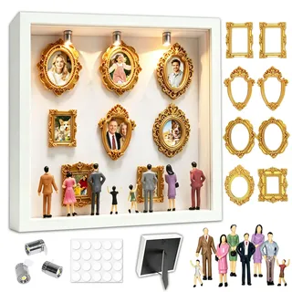 DIY Mini Museum Silhouetten Box mit LED, Mini Bilderrahmen Vintage, Shadow Box Bilderrahmen Set, Foto Erinnerungsanzeige Set mit 8 Mini-Goldrahmen 8 Figuren für Jahrestag, Hochzeit(Weiß)