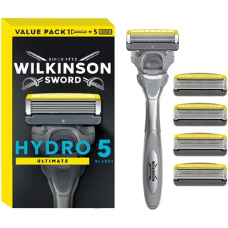 Wilkinson Sword - Hydro 5 Ultimate Rasierer für Männer, Rasiergriff + 5 Rasierklingen, Feuchtigkeitsspendende Gel-Pools und Schockabsorptions-Technologie