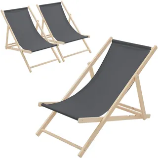 ECD-Germany Strandliege 3er Set Anthrazit , Holz , 57.5x83x100 cm , Gartenmöbel, Gartenliegen