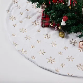 Sensong 120CM Weihnachtsbaum Decke Golden Schneeflocke Weiss Plüsch Kunstfell Weihnachtsbaumdecke Christbaumständer Dekorationen Teppich