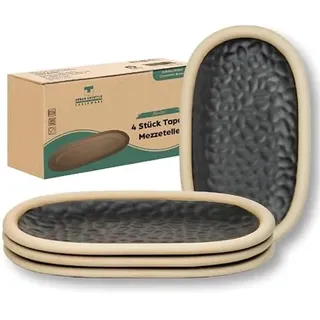 Urban Lifestyle Dessertteller Set 4 – kleine ovale Keramik Teller 19,5x11,5 cm Schwarze Farbe, Kuchenteller & Frühstücksteller, Mezzeteller rustikal.