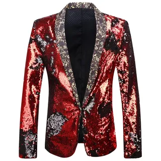 PYJTRL Herren-Blazer mit 2 Farben und glänzenden Pailletten (L, Rot + Schwarz)