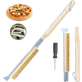 Pizzastein Bürste & Pizza Ofen Bürste mit Edelstahlschaber - Messingborsten Holzgriff (Hängeöse) - Pizzaofen Besen für Grillrost, Outdoor Pizza Besen, Grillbürste Messing & Drahtbürste Grill