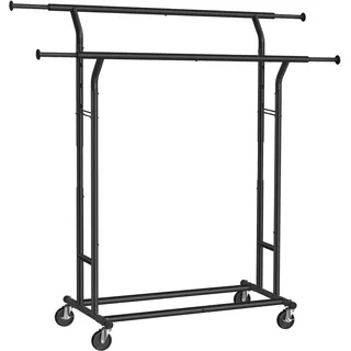SONGMICS Kleiderständer auf Rollen, Garderobenständer aus Metall, Garderobenstange, Kleiderstange ausziehbar, höhenverstellbar, tintenschwarz HSR012B01