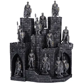 Nemesis Now Ritter des Turms Display mit 48 Ritter Figurenset 25cm, Harz, Silber, Mittelalterliches Schloss mit 48 Ritterfiguren-Set, Ritterartikel, gegossen aus feinstem Harz, handbemalt