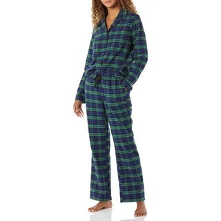 Amazon Essentials Damen-Pyjama-Set aus Flanell, langärmelig, Knopfleiste vorne, Kobaltblau, Grün, Blackwatch Plaid, Größe M