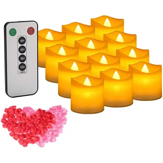 IMAGE LED Teelichter 12 Stück rote Kerzen mit Timer 6 Stunden an 18 Stunden aus flackernde elektrische Teelichter mit 100 Rosenblättern Valentinstagdeko, warmgelb (Gelb)