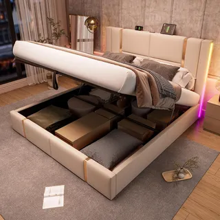 Flieks Hydraulisches Polsterbett 180x200cm mit USB & Typ C, Boxspringbett Stauraumbett mit LED, Doppelbett Jugendbett mit Lattenrost, Leinen, beige - Beige