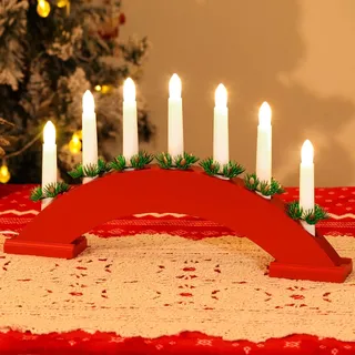 Lewondr Kerzenleuchter Weihnachten, Flammenlos 7 Kerzenlichter, Dekorativ LED Bogen Weihnachten Holz Weihnachtslichter Fensterbank, USB-betrieben Kerzenbrücke Schwibbogen für Advent Innen, Rot