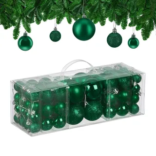 Relaxdays Weihnachtskugeln, 76er Set, Kunststoff, glitzernde, Matte, glänzende Baumkugeln, Christbaumschmuck, dunkelgrün