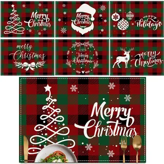 ALINK Weihnachten Platzsets 6er Set, Polyester Leinen Platzdeckchen 30x45cm,Winter Urlaub Bankett Tischsets Platzdeckchen Küche Party Deko (Plaid)