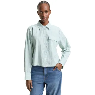 Langarmbluse TOM TAILOR DENIM, Damen, Gr. XXL, soft grün weiß stripe, Web, Obermaterial: 100% Baumwolle, gestreift, lässig geschnitten hüftlang, Rundhals, 1-Knopf-Manschette, Blusen Langarmbluse, gestreift, kurze Form, mit Brusttasche