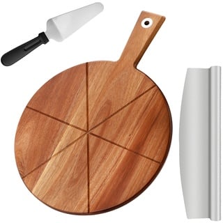 Pizzabrett Akazienholz, TJ POP 30 x30 cm Pizzateller Pizzaschneidebrett mit Pizzaschneider und Pizzaschale, rundes Pizzaschneidebrett Serviertablett zum Backen von selbstgemachter Pizza