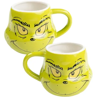 United Labels Grinch Tasse 320 ml, Grün, 3D Grinch Gesicht, Kaffeebecher aus Keramik, lustige Kaffeetasse in Geschenkbox