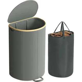 Songmics Wäschekorb, mit Deckel, Wäschesack herausnehmbar, für Waschküche, Schlafzimmer, Wohnzimmer, schiefergrau-naturbeige