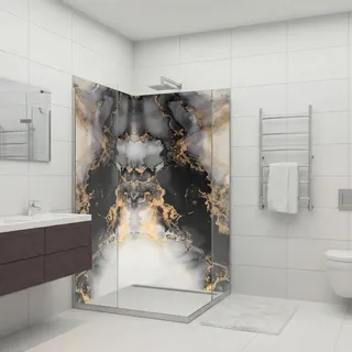 dedeco 2tlg. Eck-Duschrückwand Marmor V13 100x200cm Aluminium 3mm UV matt | Duschrückwand & Badrückwand aus Aluverbundplatte mit UV-Lack matt – fugenlos, wasserfest, pflegeleicht, als Fliesenersatz