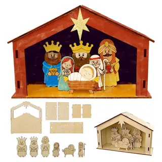 Bausatz für Weihnachtskrippe, 2 Stück Bastelset aus Holz mit Figuren, geeignet für individuelle Weihnachtsdekoration