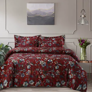 Tribeca Living Bettwäsche-Set für Queensize-Betten mit Blumenmuster aus Samt, weich, übergroß, luxuriöses dreiteiliges Set beinhaltet einen Bettbezug und Kissenbezüge, Amara-Granat