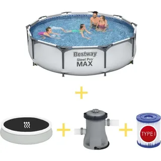 Bestway Pool - Steel Pro MAX - 305 x 76 cm - Inklusive Solarsegel, Filterpumpe & Filter - Grau