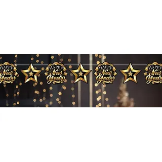 FIESTAS GUIRCA | Happy New Year Girlande Gold und Schwarz (300 cm) - Partydekoration für Neujahr und Feiern - Ideal für Silvesterpartys - Dekorationszubehör - Gold Schwarz