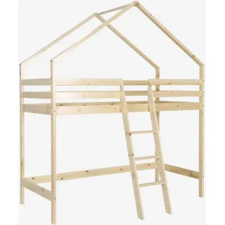 sweeek - Hochbett für Kinder Hütte 90 x 190 cm aus naturbelassenem Kiefernholz - Natur