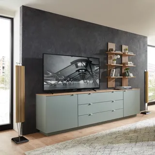 TV Sideboard Set mit Wandregalen Fernsehschrank grün mit Eiche, Breite 240 cm CUST-36 - Grün